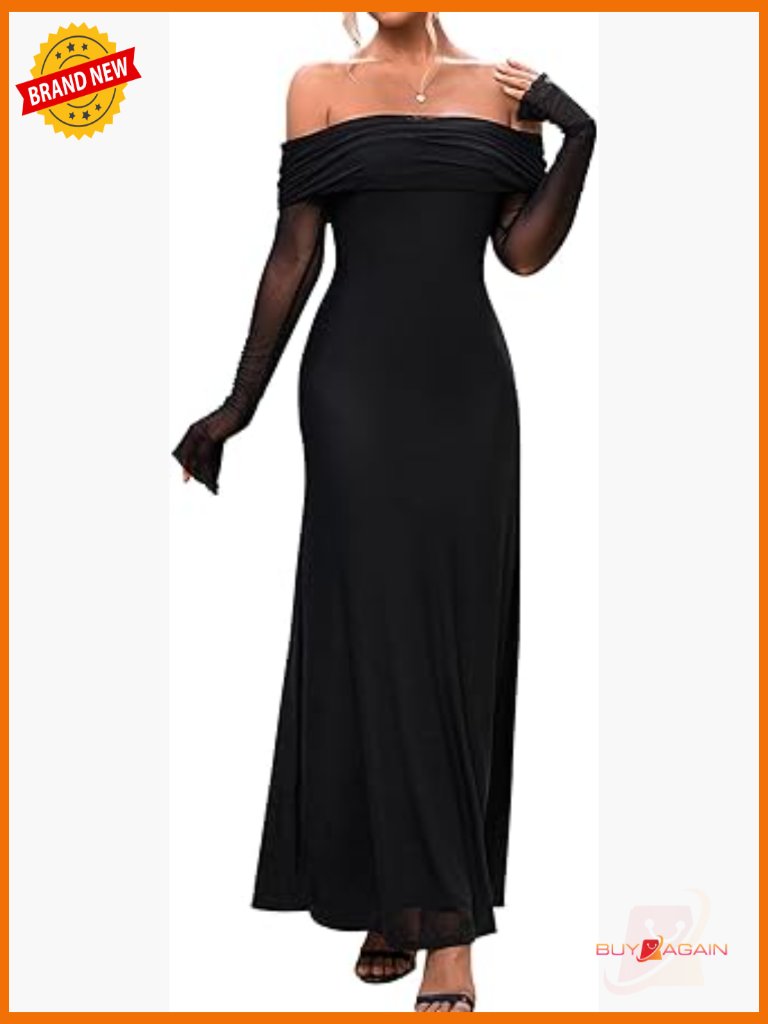 Off Shoulder Bodycon Maxi Dress Long Sleeve Mesh Ruched Party Guest